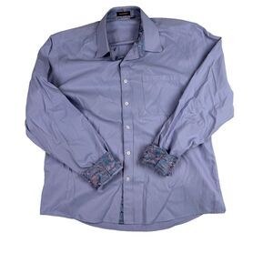 Hisdern Mens Blue‎ Dress Shirt Size Large 17 Floral Flip Cuff